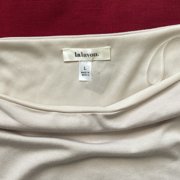 Lalavon Sz L Cream Boatneck, Ruched Jersey Knit Dress - Picture 10 of 15